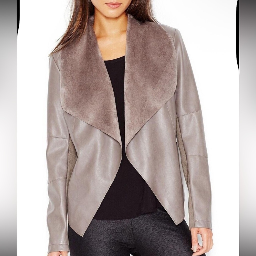 Bar III Women’s Faux-Leather Flyaway Jacket. Gray XL.